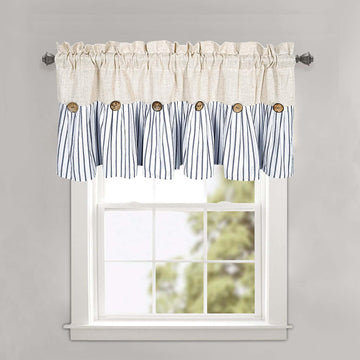Ides Farmhouse Rustic Cotton Valance Curtain, Navy Blue Striped Pleated Design with Coconut Buttons, Multi-Room