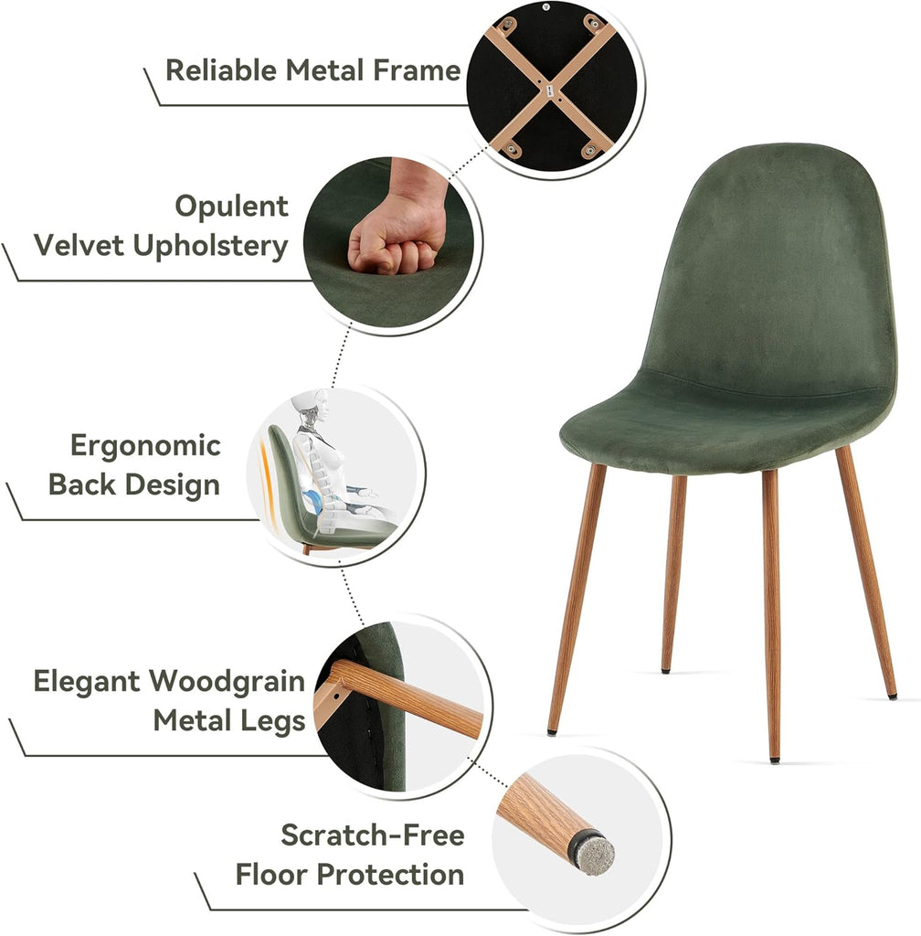 Howtek Dining Chairs Set of 4, Mid Century Modern Green Velvet Upholstered Fabric Kitchen Chairs with Backrest & Metal