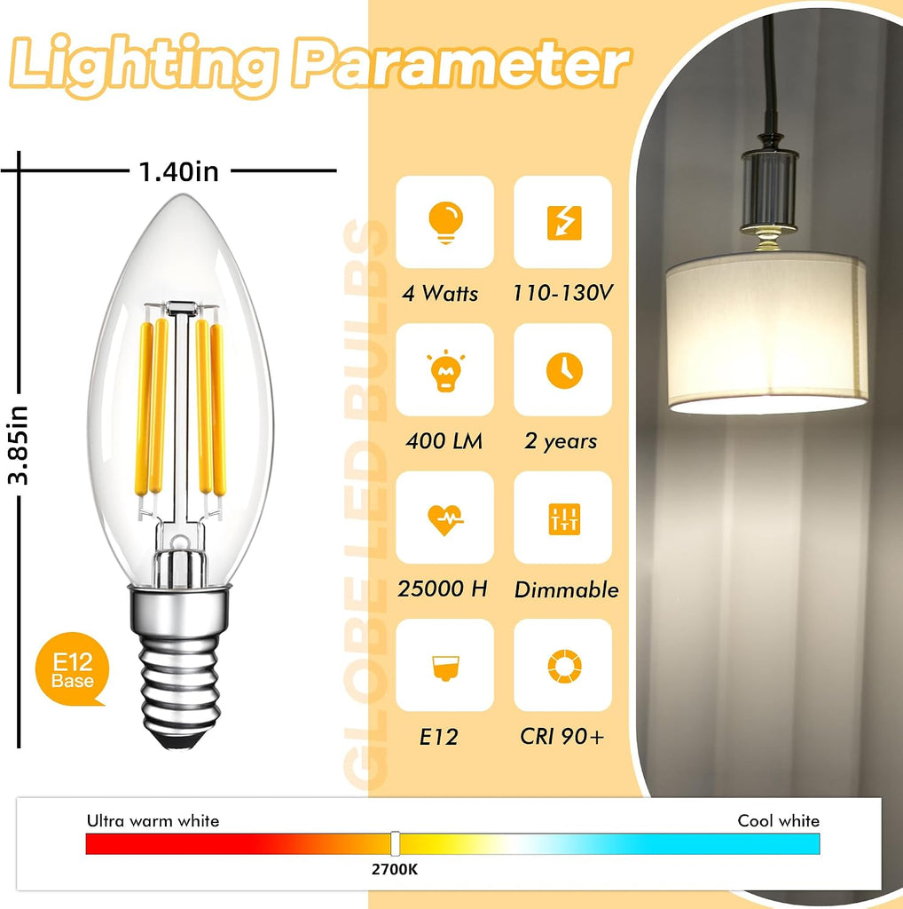 Dimmable E12 LED Candelabra Light Bulbs 4W,2700K Warm White,400LM