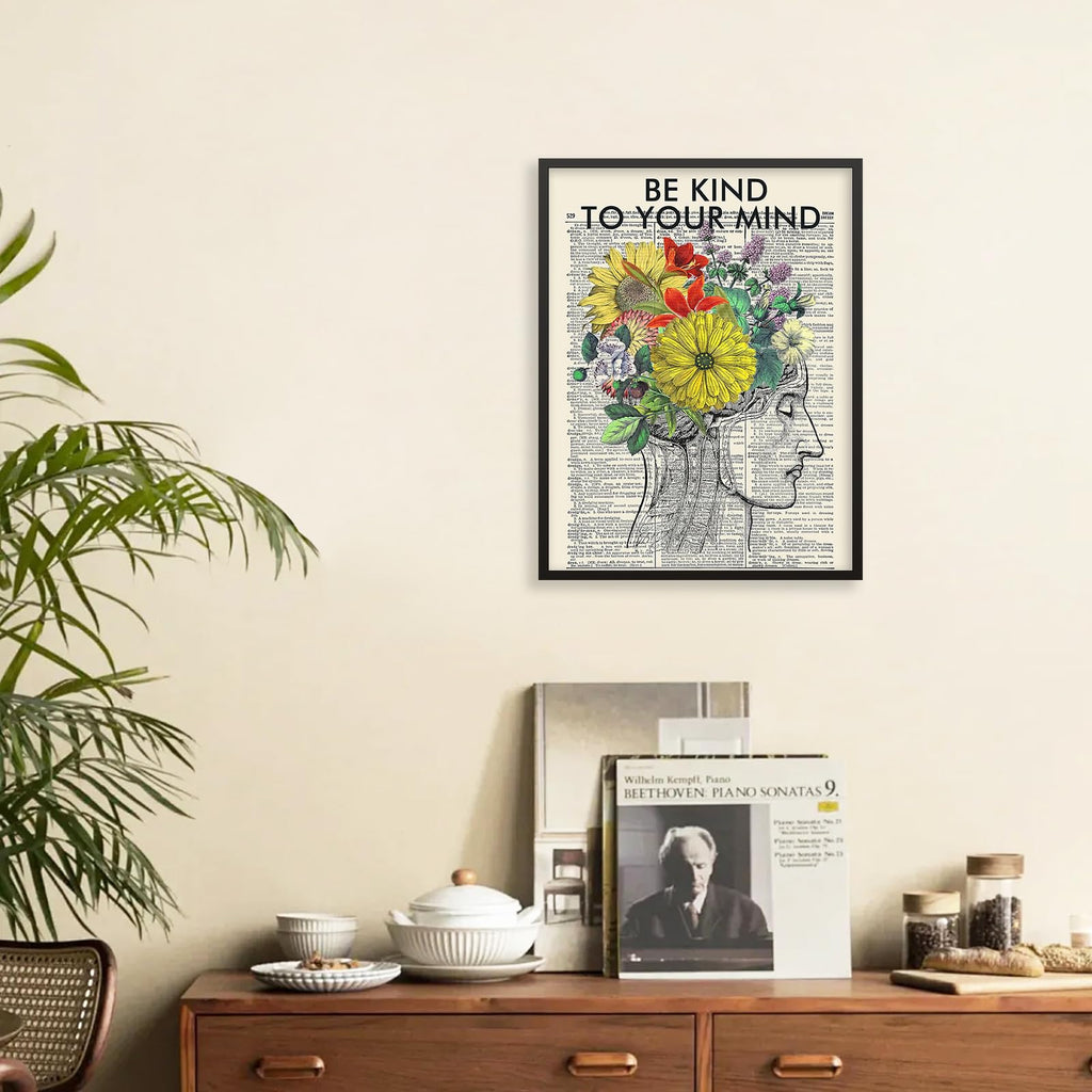 Be Kind To Your Mind Quote Poster Prints Mental Health Canvas Wall Art 24x36 inch Black Framed Vintage Newspaper