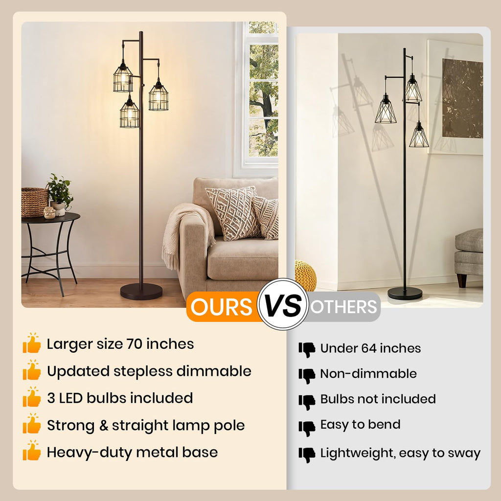 70'' Tall Floor Lamp, 3-Light Standing Lamp, Brown