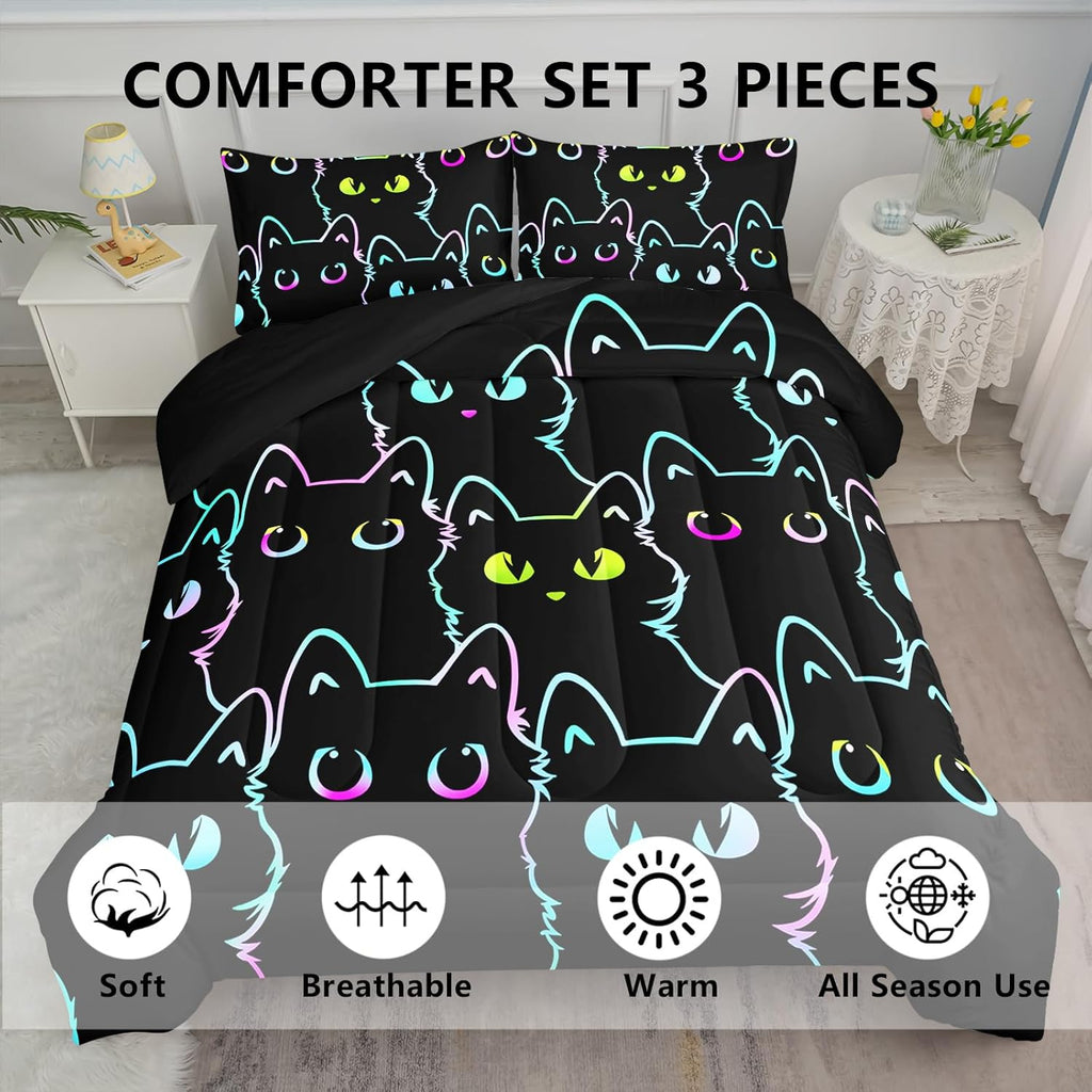Kids Bedding Cartoon Cat Comforter Set Twin,Gradient Line Cute Cat Bedding Set for Teens Boys Girls Adults Room