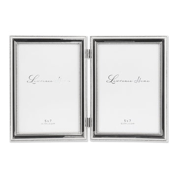 Hinged Double (Vertical) Metal Picture Frame Silver-Plate with Delicate Beading, 5 by 7-Inch