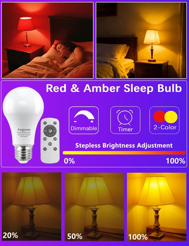 Red and Amber Sleep Bulb with Remote Control Choose 660nm Red Light or 1800K Amberlight,Timer Function, 10W Blue