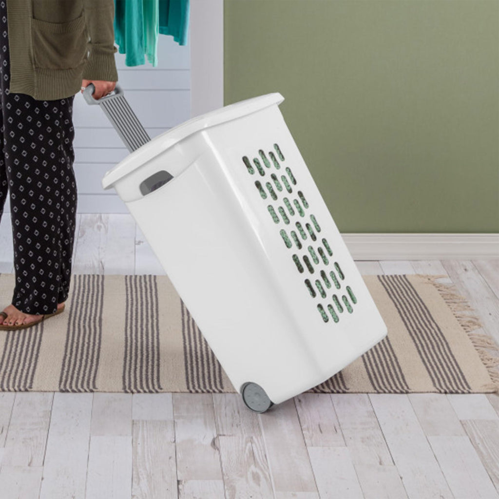 9-Pack Ultra Wheeled Hamper, Laundry Basket w/Flip-Top Lid & Retractable Handle - Plastic Rolling Clothes Storage