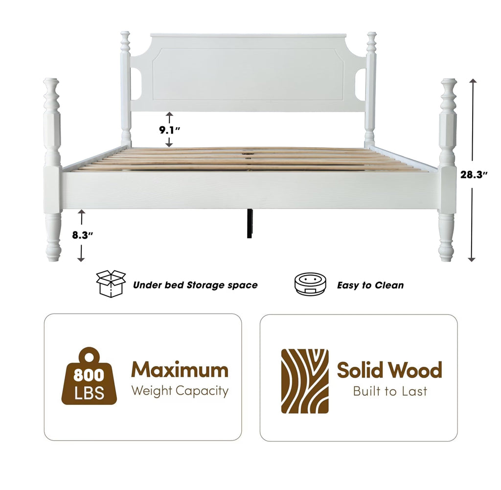 Solid Wood Queen Size Platform Frame, Headboard & Footboard, No Box Spring Needed, 12 Wooden Slats, Center Metal