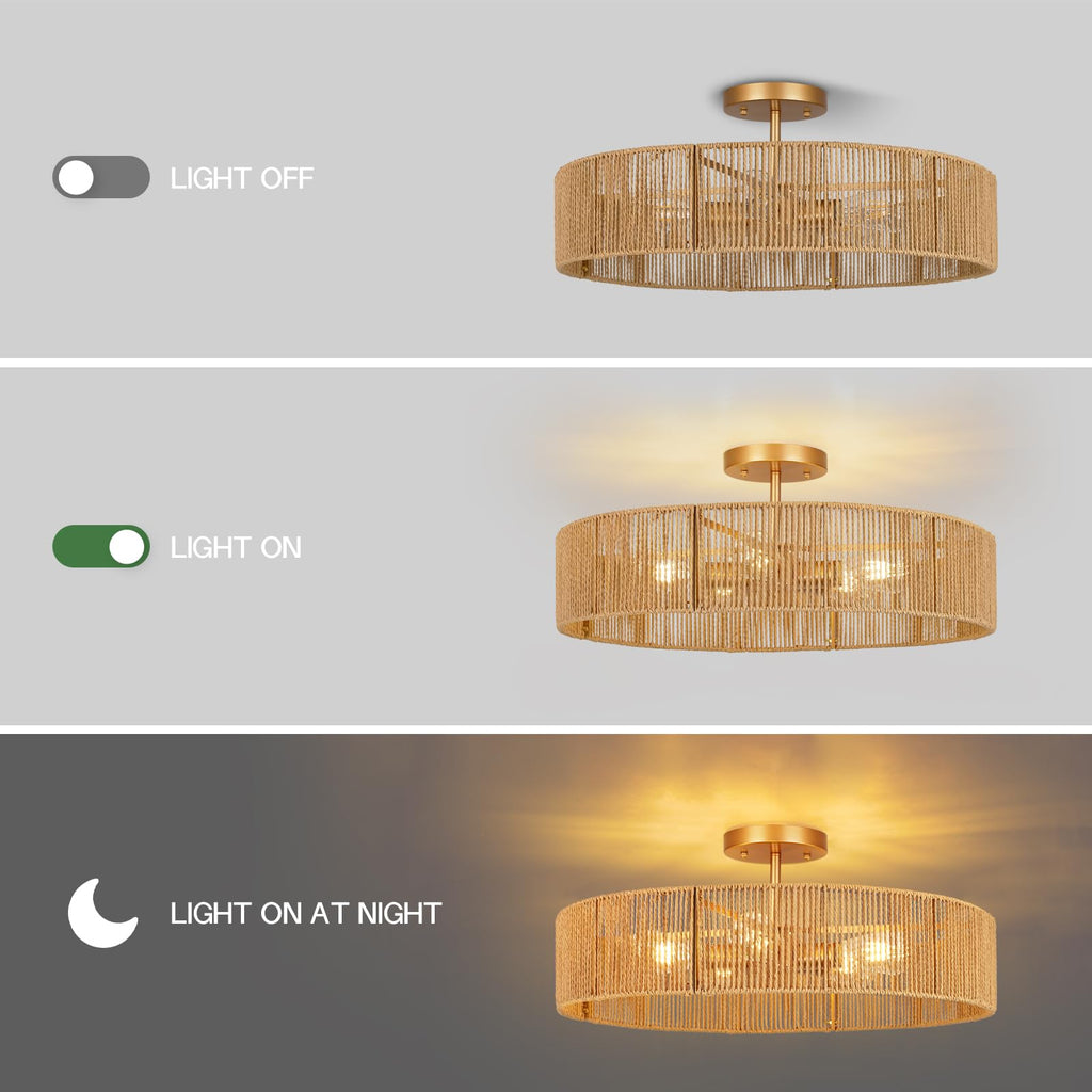 24" Natural Rattan Flush Mount Ceiling Light Fixture, 5-Light Gold Hand-Woven Wicker Boho Chandelier, Rustic Lamp
