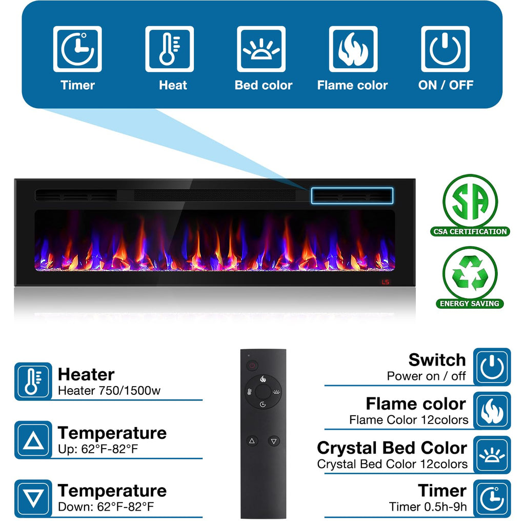 60 Inch Electric Fireplace Recessed and Wall Mounted, Fireplace Heater and Linear Fireplace, Ultra-Thin Electric