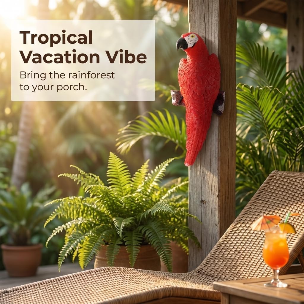 Outdoor Wall Decor Parrot Macaw Wall Sculpture Tropical Decor, Red