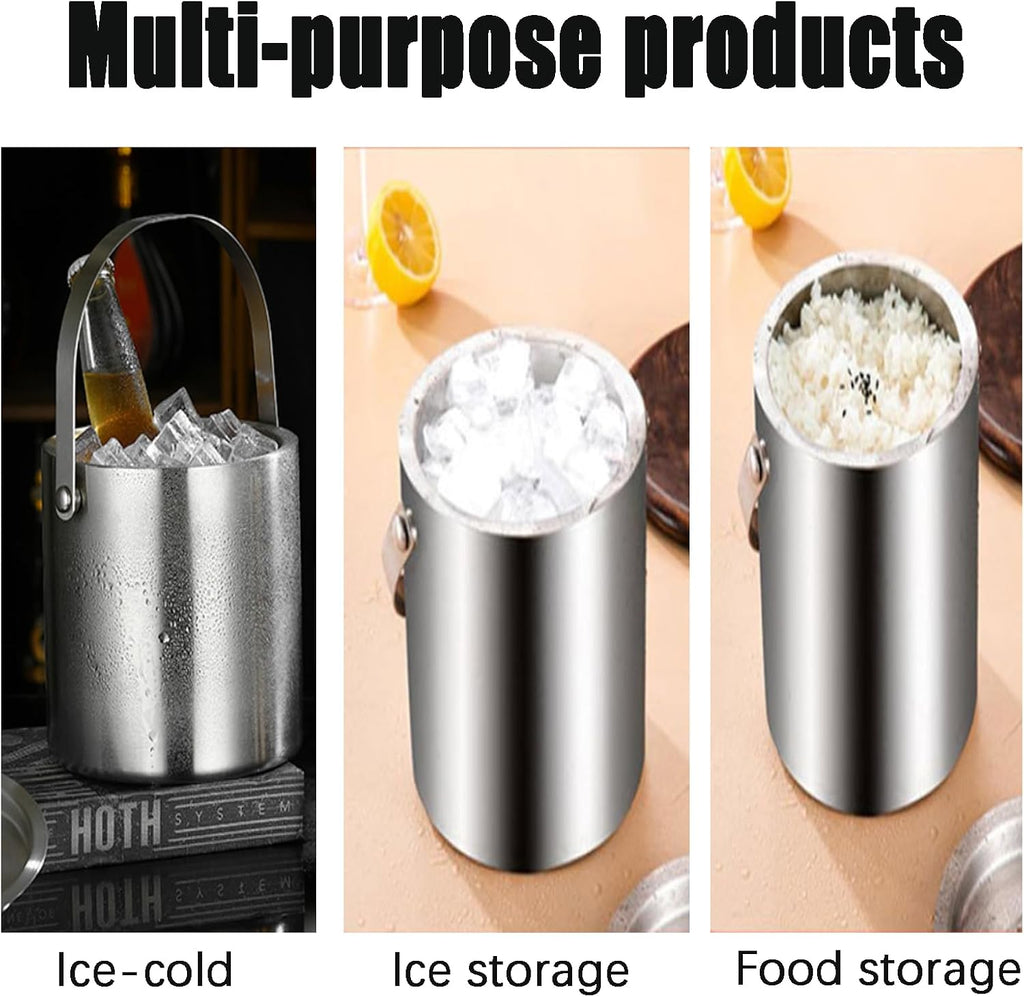 3L Double-Wall Insulated Ice Bucket with Lid, Ice shovel &Tongs and Strainer, Stainless Steel Ice Bath Tub