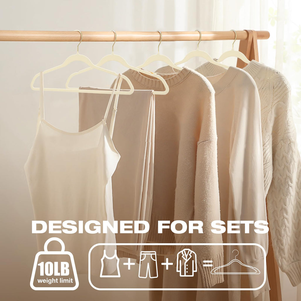 50 Pack Beige Velvet Hangers, Non Slip, Heavy-Duty, Slim, Space Saving, with Felt Surface and Gold 360°Swivel Hook, for