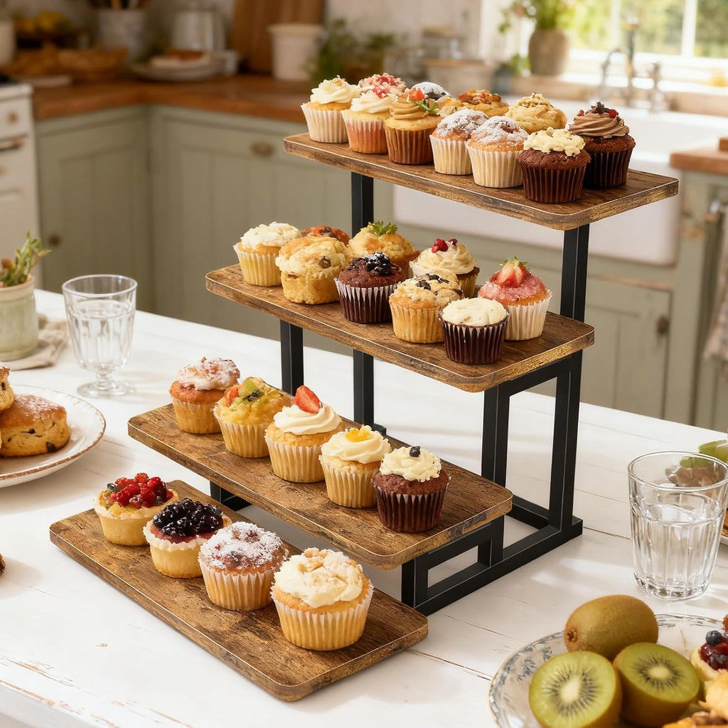 Cupcake Stand for 50 Cupcakes, 4 Tier Wooden Risers Display Stands Stepped Dessert Table Display Set with Metal Frame - Set of 3
