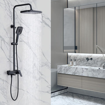 Shower Systems with 12 x8 Inches Rain Shower Head, Matte Black Exposed Pipe Shower System,3 Functions Tub Shower