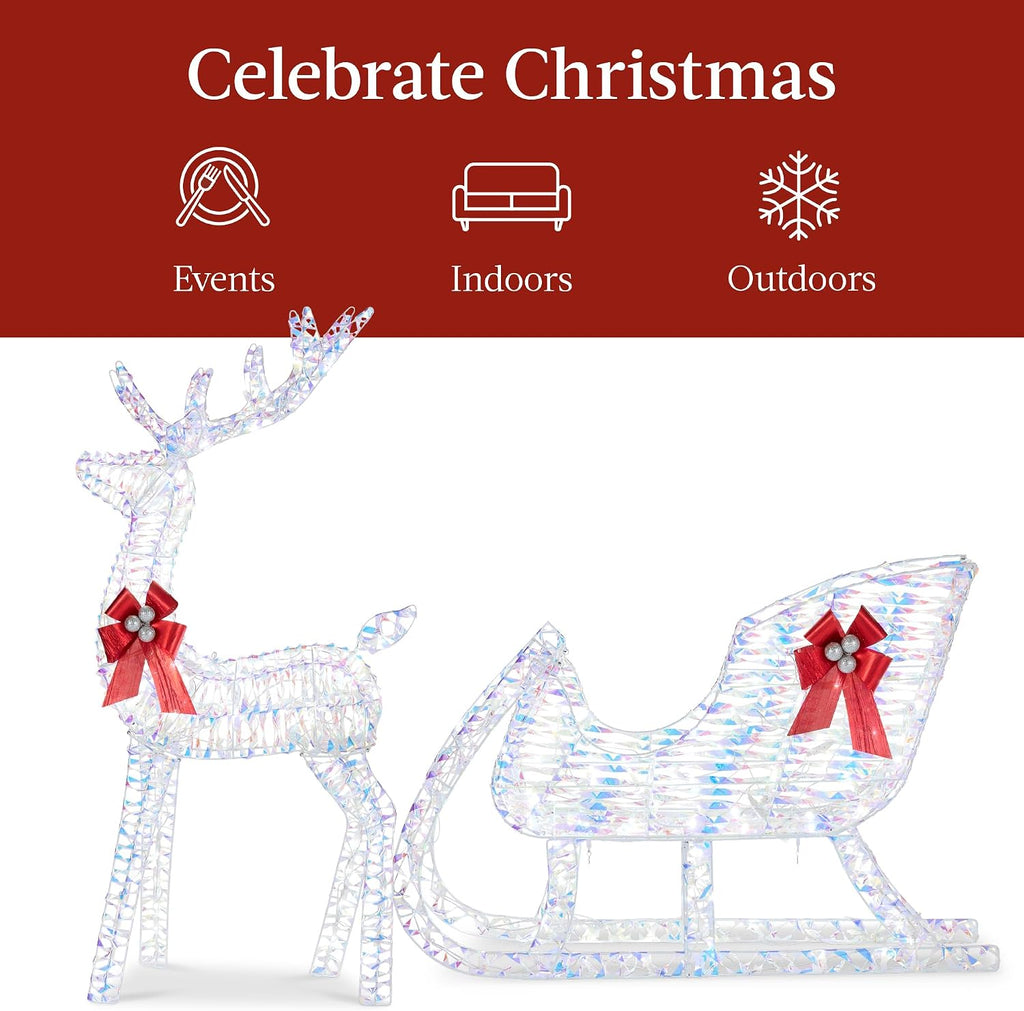 Lighted Christmas 4ft Reindeer & Sleigh Holiday Outdoor Yard Decoration Set w/ 205 LED Lights, Stakes, Zip Ties