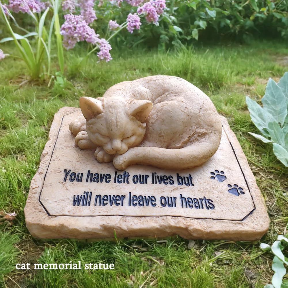 Cat Memorial Stones Grave Markers with A Sleeping Cat Statue on The Top - Cat Garden Stones Grave Stones Cemetery