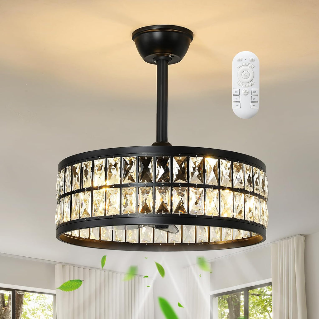 Black Caged Ceiling Fan with Light and Remote Control 19" Bladeless Crystal Modern Fandelier Semi Flush Mount
