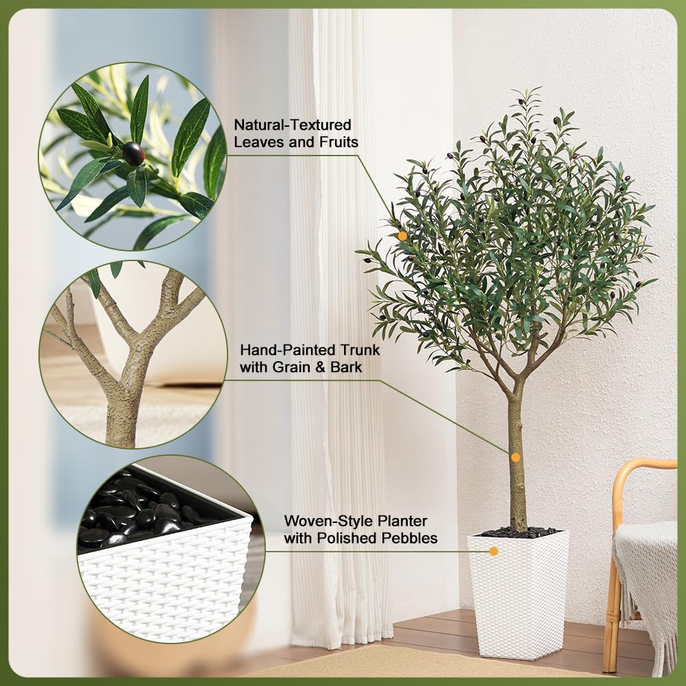 Artificial Olive Tree 6FT, UV Resistant Tall Fake Tree Indoor Outdoor with White Taper Planter & Pebbles - Potted