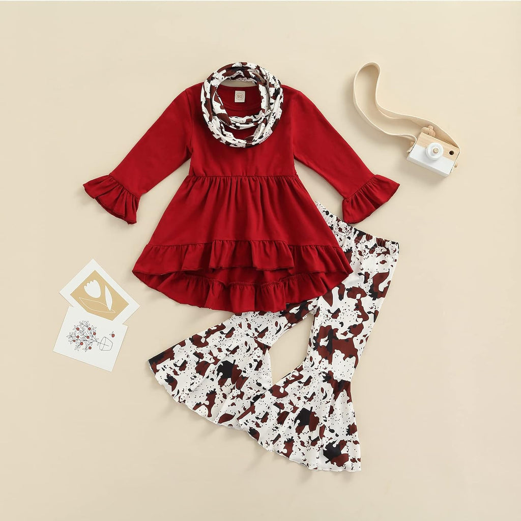 Toddler Baby Girl Clothes Long Sleeve Cow Print Outfit T-Shirt + Flare Pants Bell-Bottom Tie Dye Leggings Set