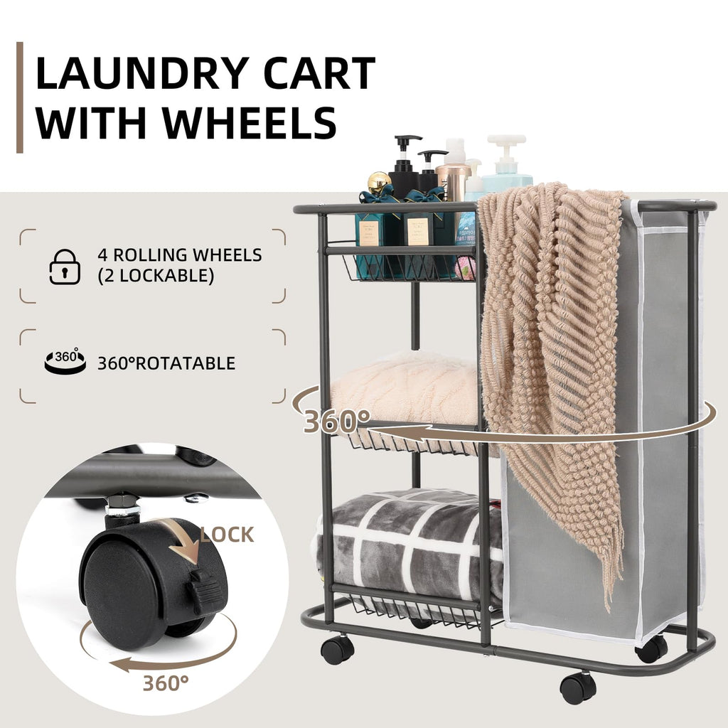 Skinny 3-Tier Rolling Laundry Cart with Wheels 45L Small Space, Grey