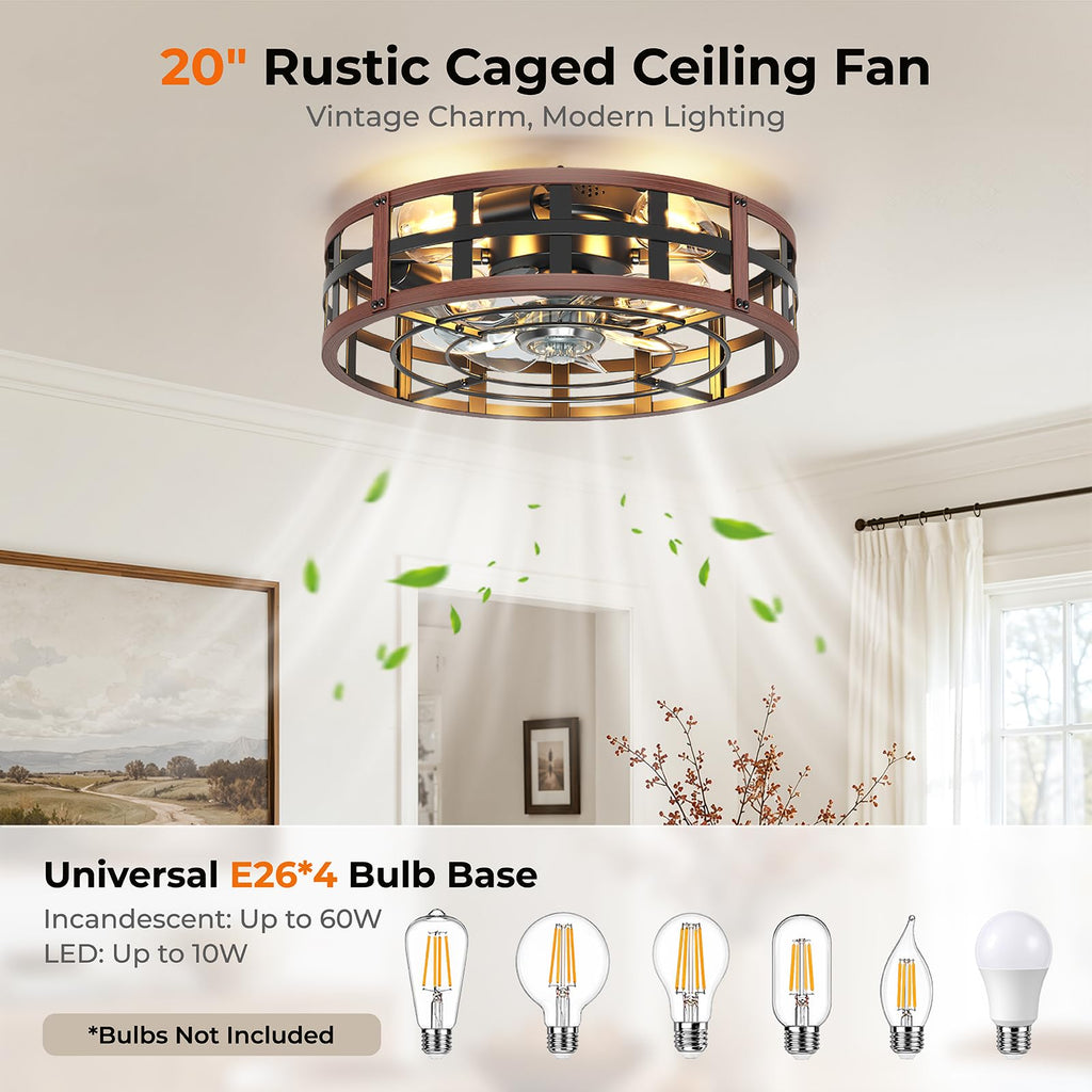 20" Farmhouse Flush Mount Ceiling Fans with Lights and Remote, Low Profile Caged Fan Lights Fandelier 6 Speeds