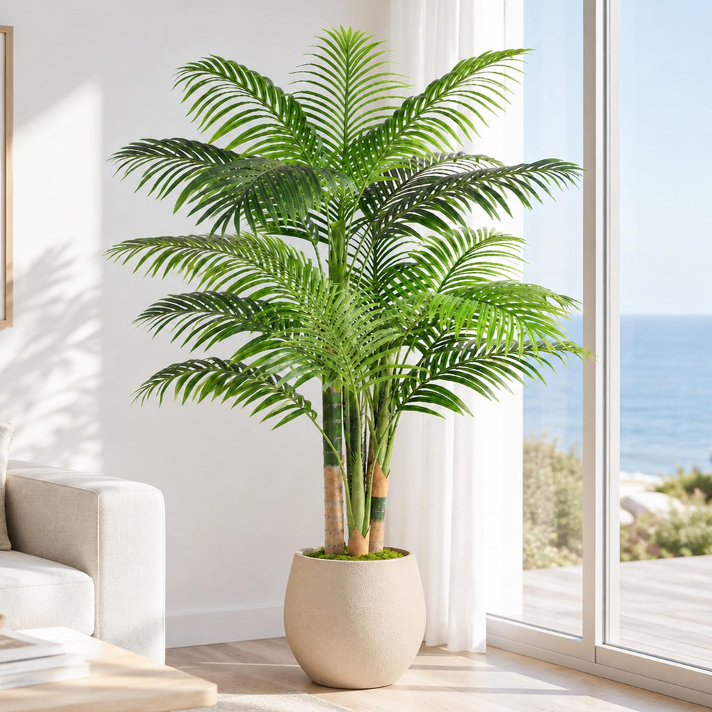 5ft Triple Golden Cane Palm Artificial Tree, Tall Faux Palm Tree with 19 Realistic Leaves, UV Resistant Fake Tropical
