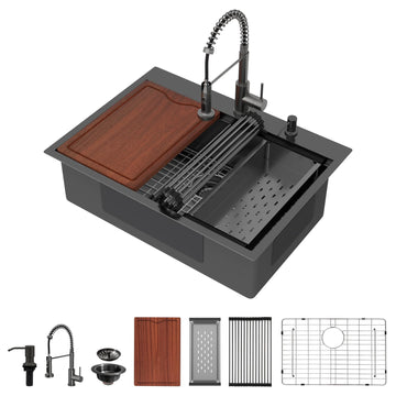 28x22 Inch Black Top Mount Workstation Kitchen Sink 16 Gauge T304 Stainless Steel Handmade Deep Single Bowl All In