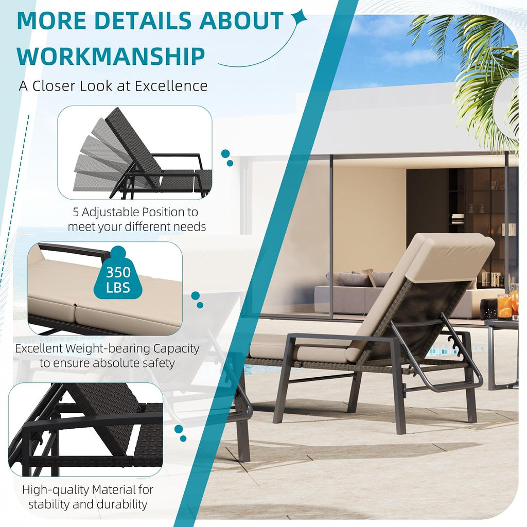 Chaise Lounge Chairs for Outdoor, Lounge Chairs Set of 2, Adjustable PE Rattan Wicker Patio Pool Lounge Chair with