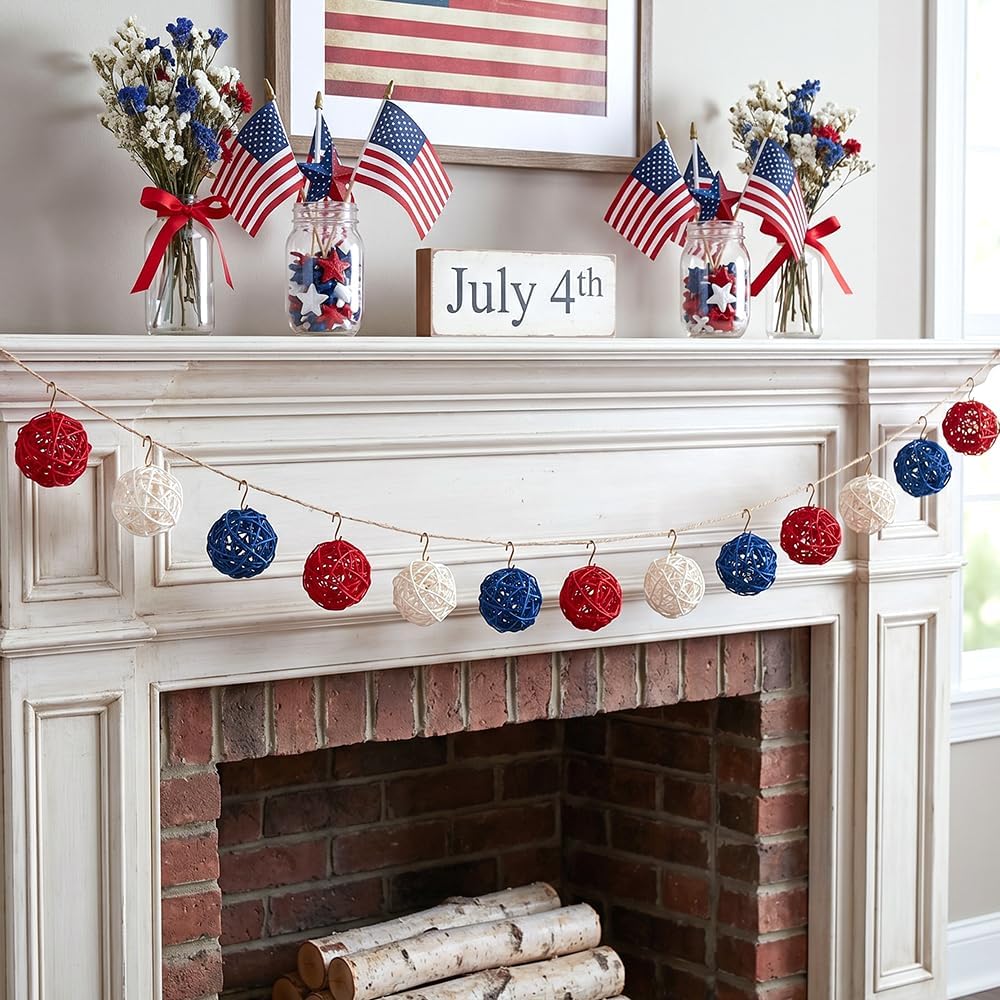 4th of July Decorations Rattan Balls, Patriotic Vase Bowl Filler - Set of 18