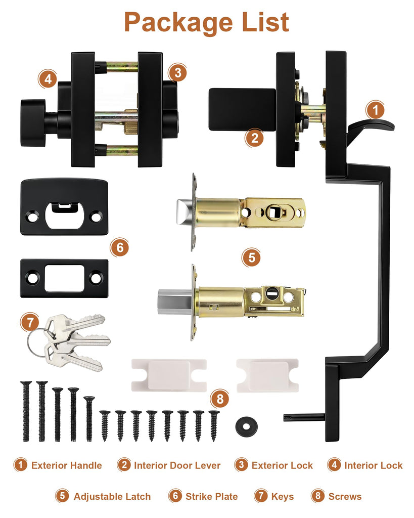 Front Door Handle and Deadbolt Set, Matte Black Front Door Lock Set, Square Exterior Door Handle and Single Cylinder