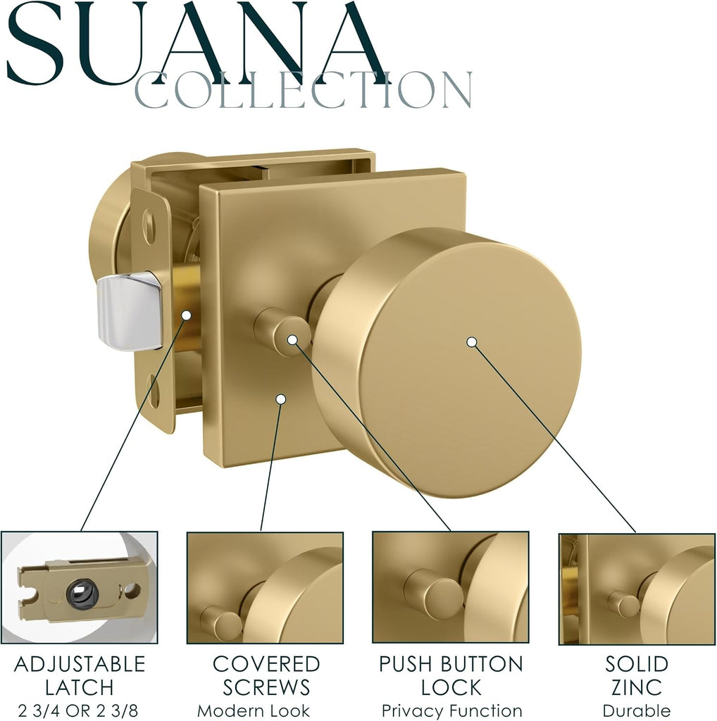 Privacy Door Knob with Lock , SUANA Reversible Interior Knobs, Zinc Alloy with Square Rosette, Fits Standard Sizes