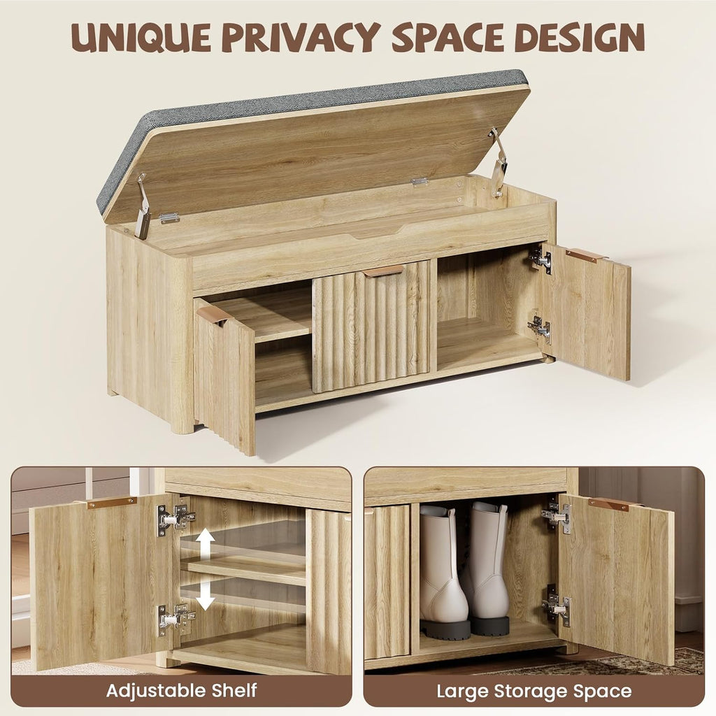 37.4" W Shoe Bench with Storage, Lift Top Entryway Bench, Natural | 2-Tier Adjustable Shoe Rack with Cushioned Seat