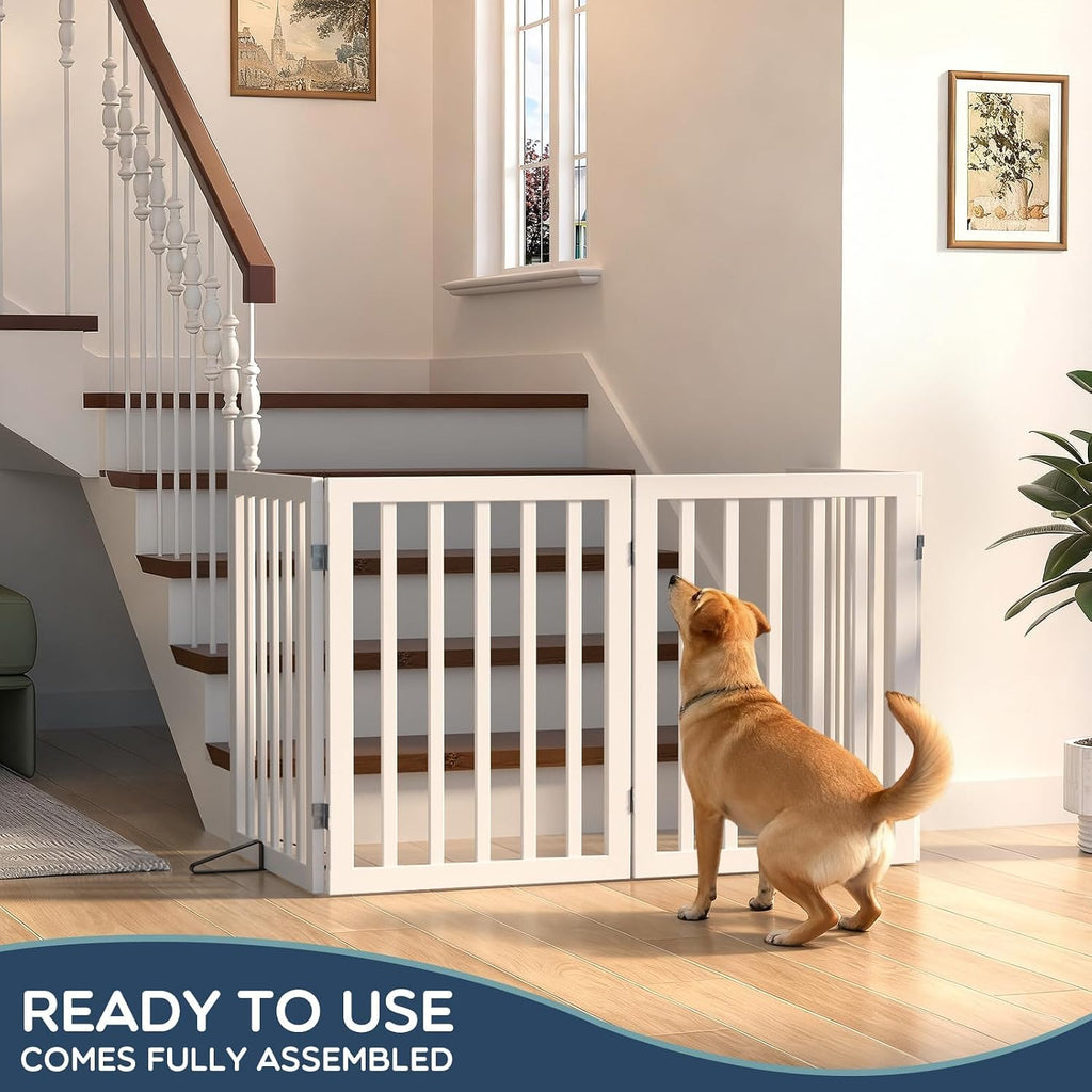Freestanding Dog Gate Indoor, 75"W X 24"H Bamboo Pet Gate, White
