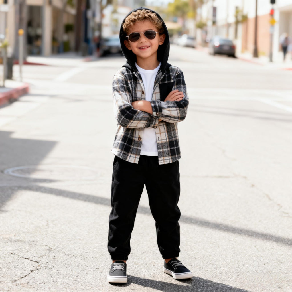 Toddler Boys Outfits Plaid Hooded Sweatshirt & Casual Pants 2PCS Boys Fall Winter Clothes Set