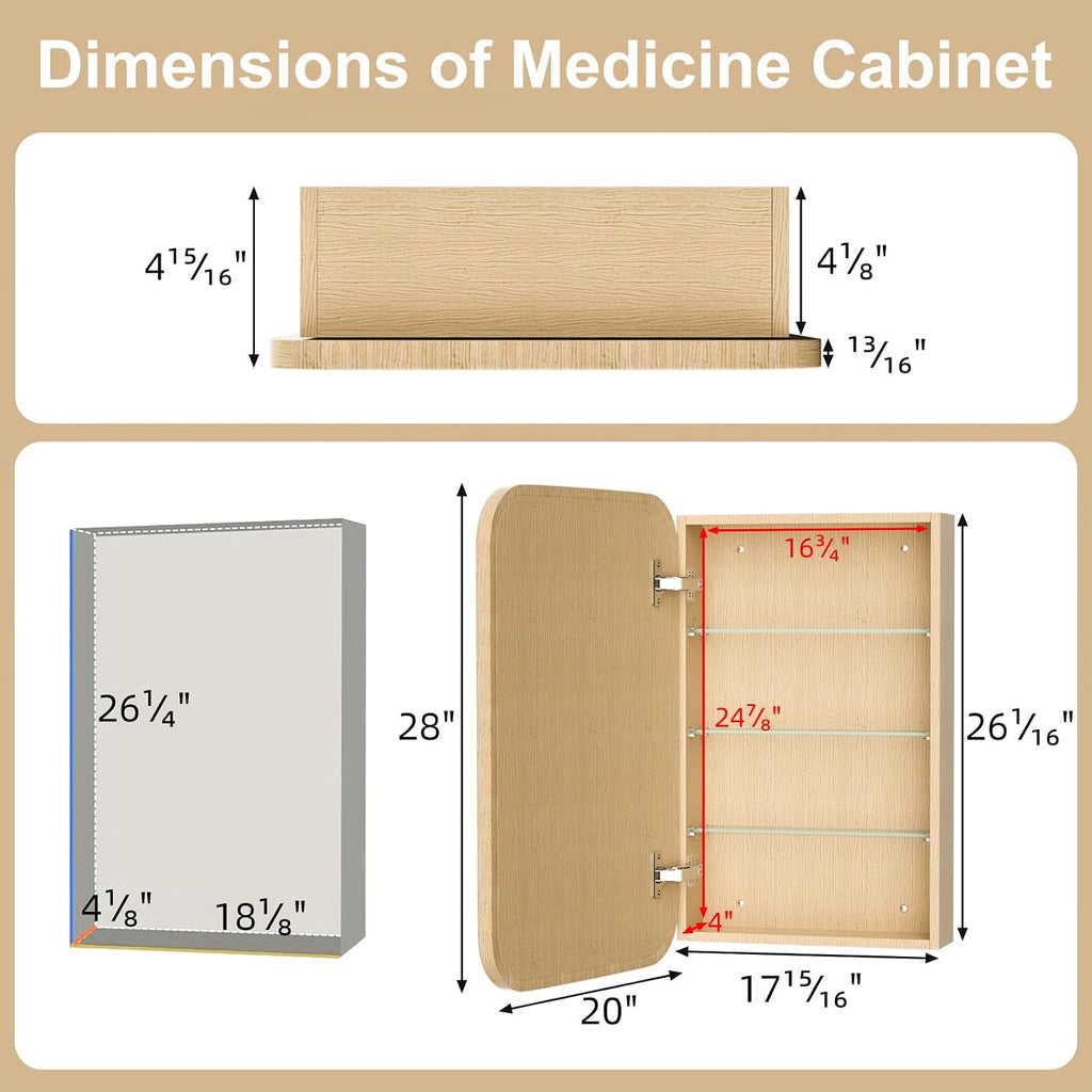 20x28 Inch Wood Medicine Cabinet with Mirror , Oak | Fully Assembled, Surface or Recessed Mount Mirror Cabinet