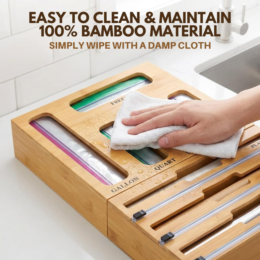 9 in 1 Bamboo Kitchen Drawer Organizer for Storage Bags, Foil & Plastic Wrap Holder with Built-In Cutter, Fits