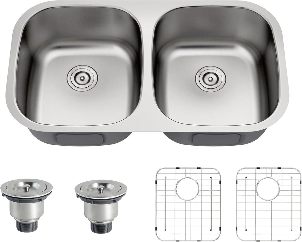 32 Inch Undermount 50/50 Double Bowl Kitchen Sink | 304 Stainless Steel, 18 Gauge Thickness, Large Capacity, Basket