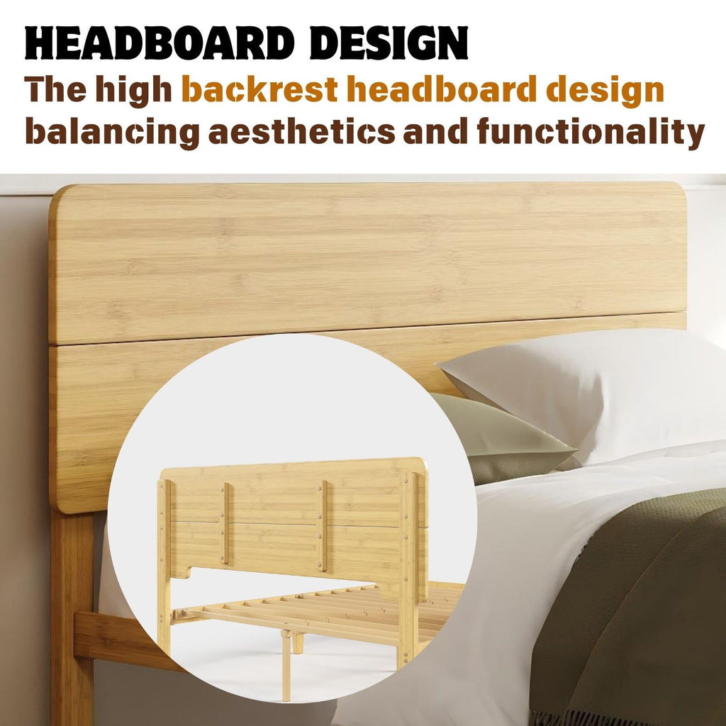 14 Inch Solid Bamboo Wood King Size Bed Frame with Headboard, Platform Bed Frame King with Metal Slats, No Box Spring