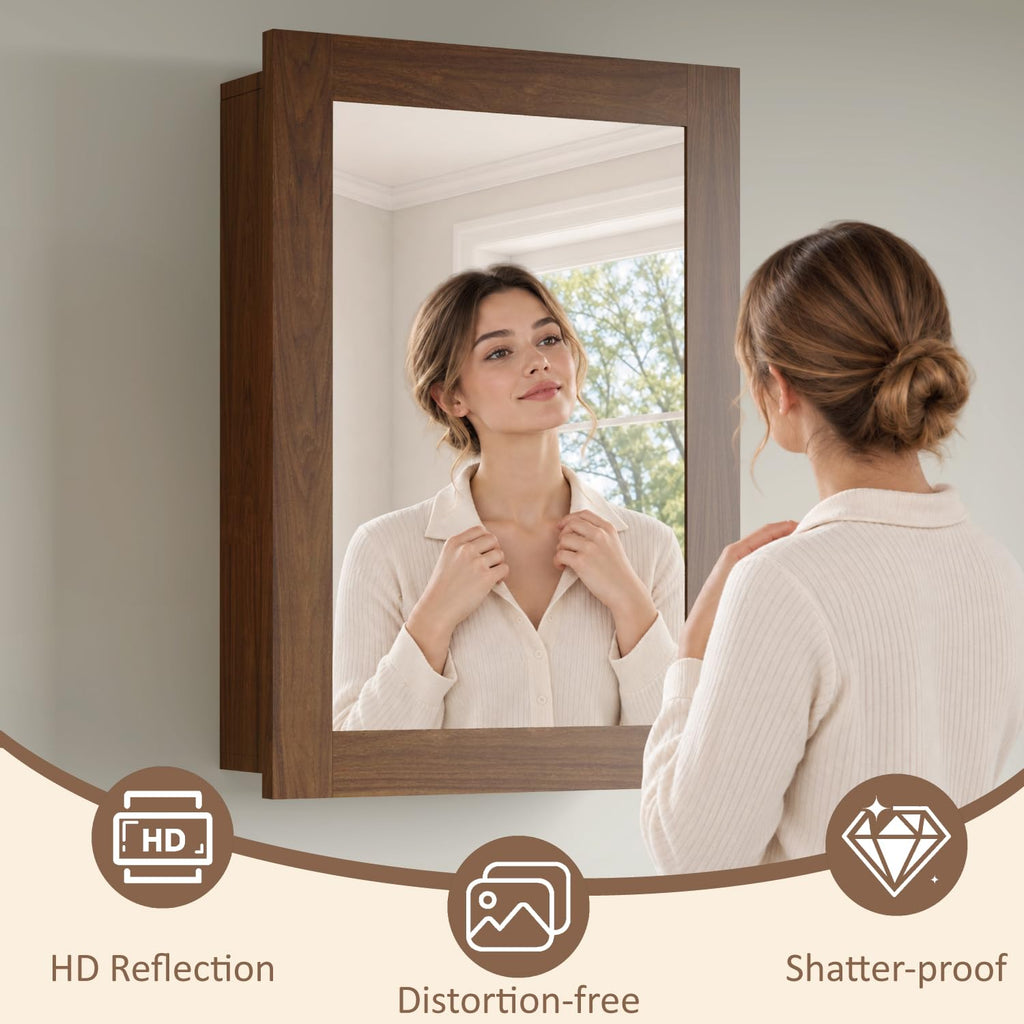 16 x 24 Inch Bathroom Wood Medicine Cabinet Mirror, Walnut Finish