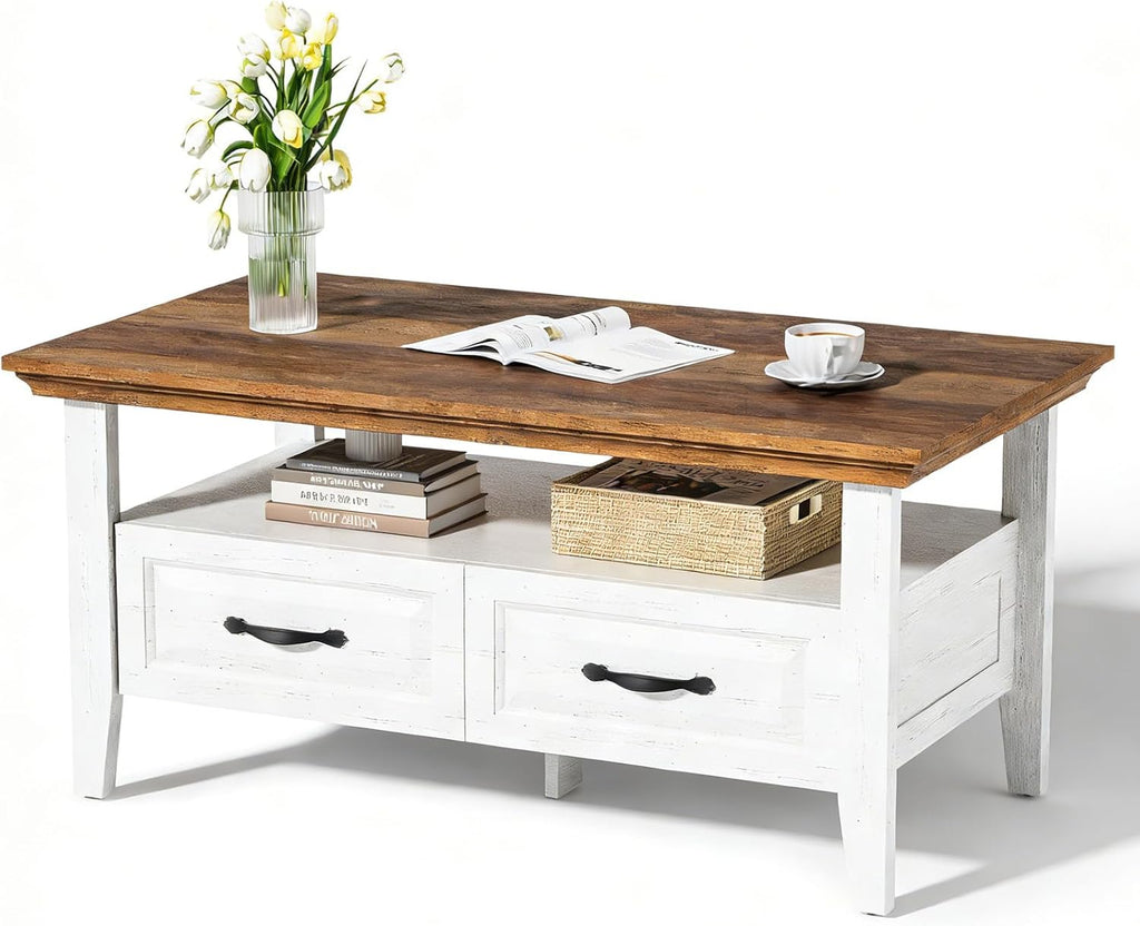 Amada Coffee Table, 39.4" Small Coffee Table with Storage, Open Display Shelf and Hidden Drawers