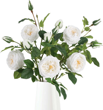 Real Touch White Austin Roses Peonies Artificial Flowers 4 Bouquets Latex Fake Peonies with Long Stem Realistic Faux - Set of 4