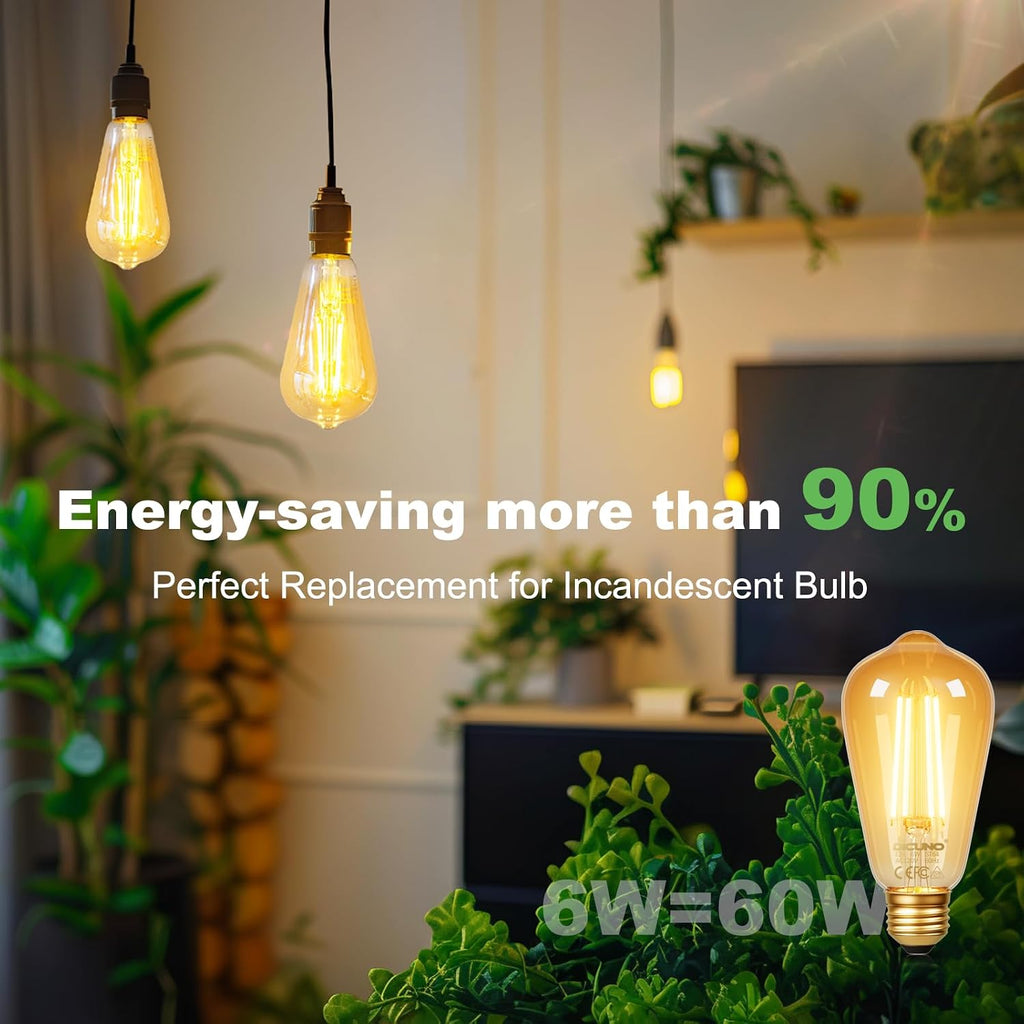 E26 Edison Bulbs 60W, 2200K Amber Warm, Amber Glass, 600LM, 10-Pack