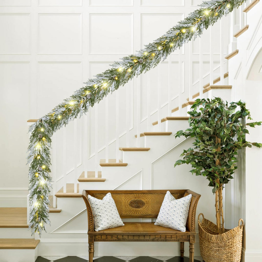 2PCS 6FT Norfolk Pine Garland Flocked Garland with Lights Pinecone