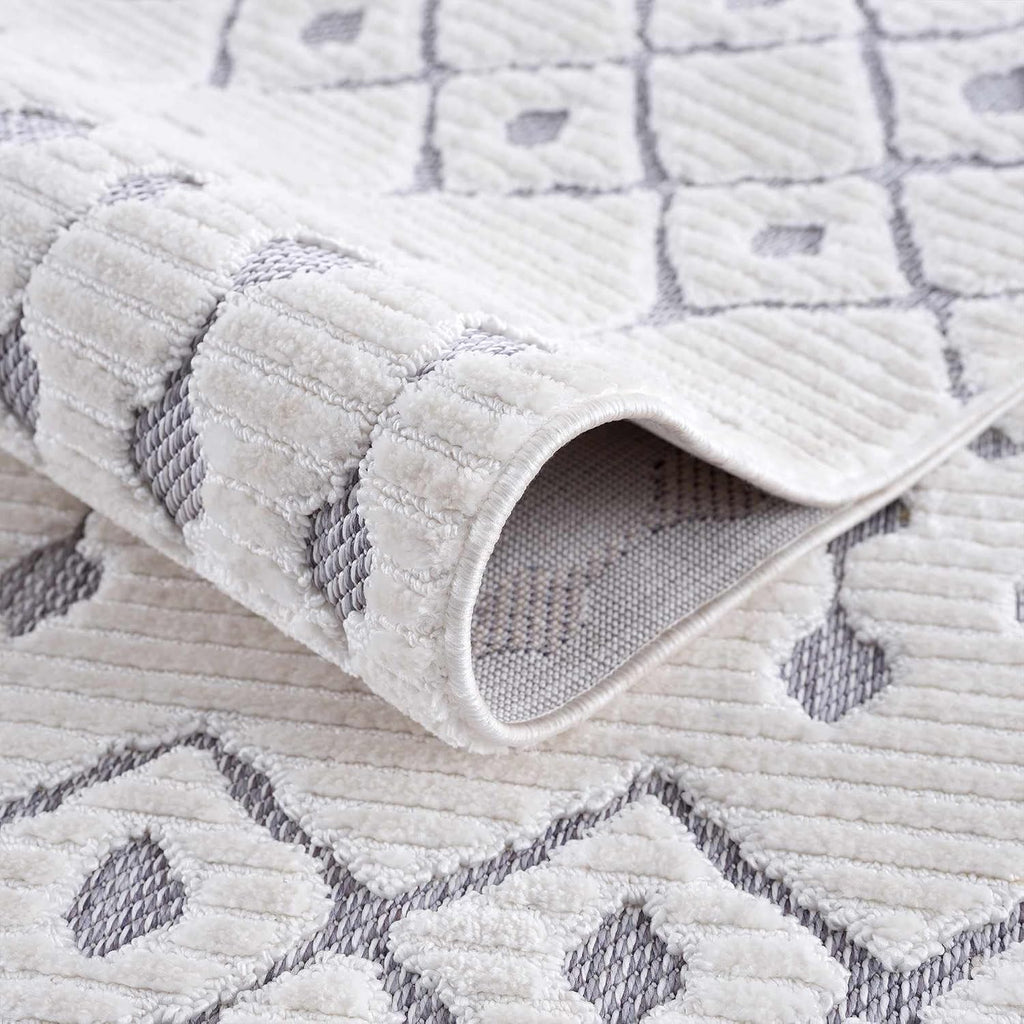 Trellisade Collection Living Room Area Rug - Moroccan Trellis Farmhouse - High Low Fringe Carpet - White, Cream, Gray