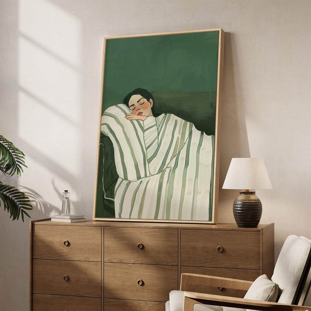 Large Framed Vertical Cozy Woman Green Wall Art Dorm Bedroom, 24x36 Inch
