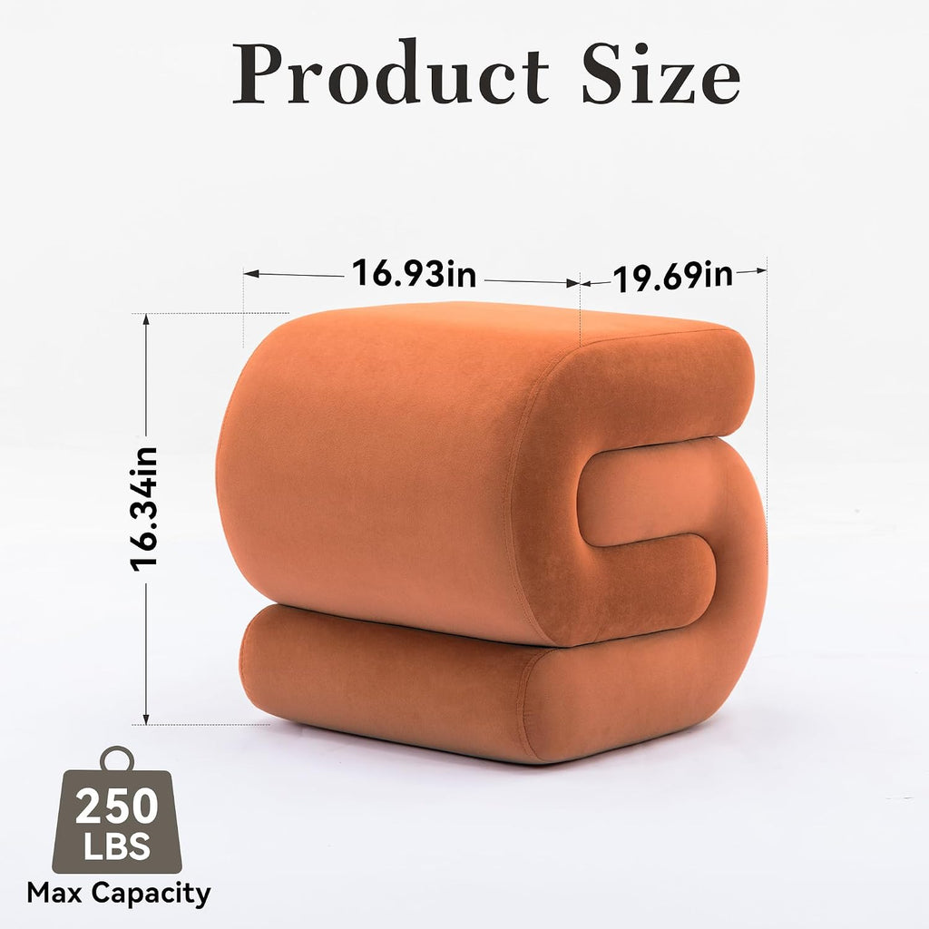 S Shape Modern Pouf Ottoman Vanity Stool, Velvet Orange | Footstool with Sponge Filling, No Assembly Required, Soft