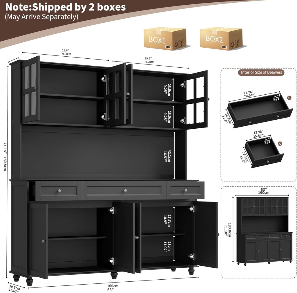 71" Tall Kitchen Pantry Storage Cabinet, 63" Wide Kitchen Hutch Cabinet with Large Countertop, Tall Pantry with
