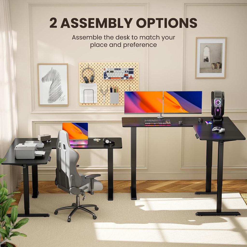 63′′ L Shaped Standing Desk Electric Adjustable Height, Black | Left & Right Interchangeable Installation, 4 Memory