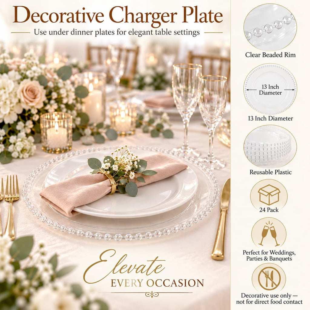 12 Pack 13 Inch Clear Charger Plates with Clear Beaded Rim
