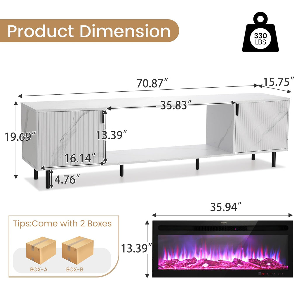70" Fluted Fireplace TV Stand, Modern Entertainment Center