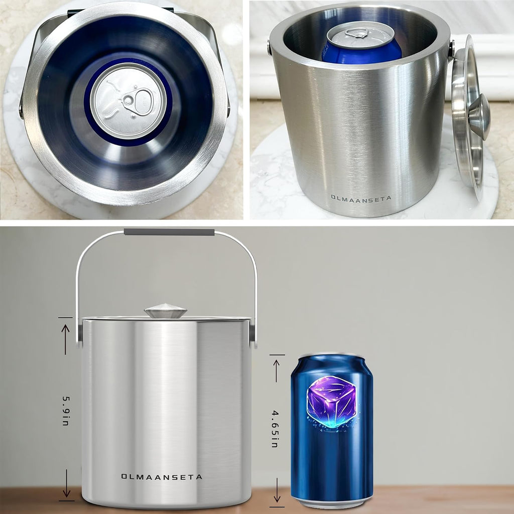 Small Ice Bucket with Lid and Tongs,1.3L Portable Mini Double Walled Ice Cube Bucket for Cocktail Bar Stainless Steel